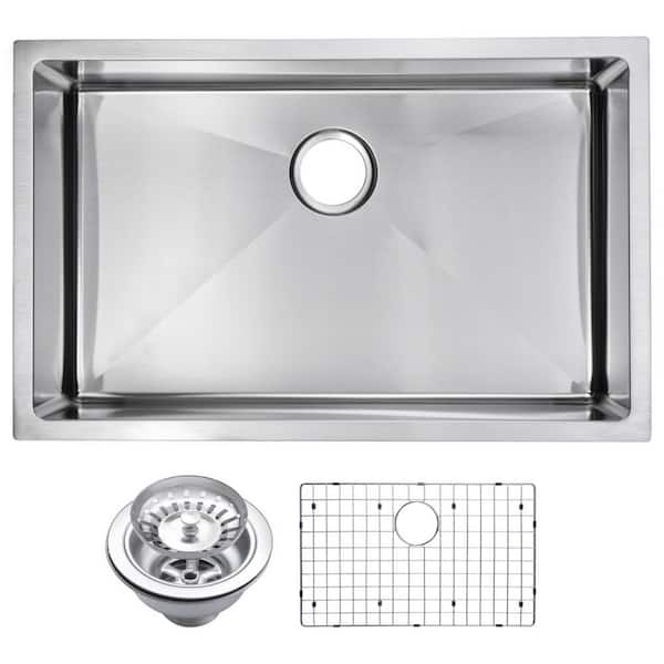 Water Creation Undermount Stainless Steel 30 in. Single Bowl Kitchen Sink with Strainer and Grid in Satin