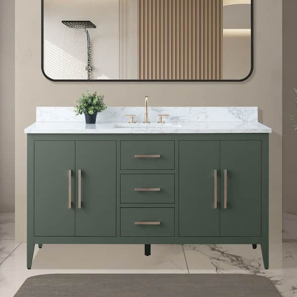 60 in. W x 22 in. D x 34 in. H Single Sink Bathroom Vanity Cabinet in Vintage Green with Engineered Marble Top in White