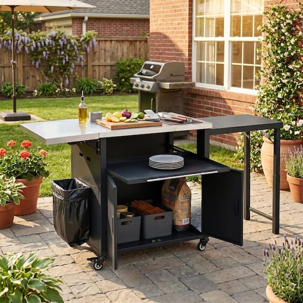 Outdoor Black Stainless Steel Top Grill Cart Kitchen Cart with Foldable and Expandable Top, Under Pull-Out Worktop