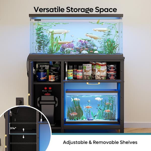 Black 36.6 in. 40-50 Gal. Aquarium and Reptile Terrarium Stand with Cabinet, Power Outlets and LED Lights