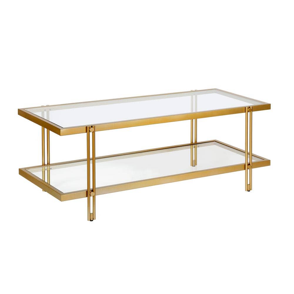 Modern Brass Finish Rectangular Coffee Table with Glass Storage Shelf