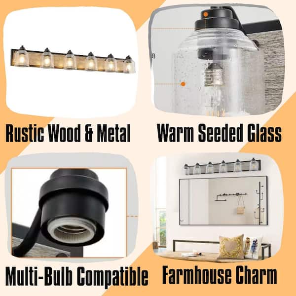48.5 in. 6-Light Farmhouse Vanity Light Fixture Wall Sconce with Seeded Glass Shades,Rustic Black,Wood Backplate,No Bulb