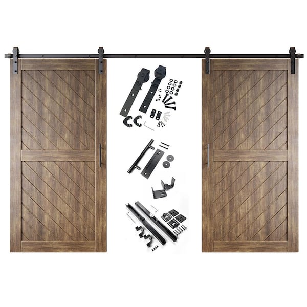 HOMACER XT2 36 in. x 80 in. C-Panel Dark Walnut Slanted Stripe Design Double Pine Wood Sliding Barn Door with Hardware Kit