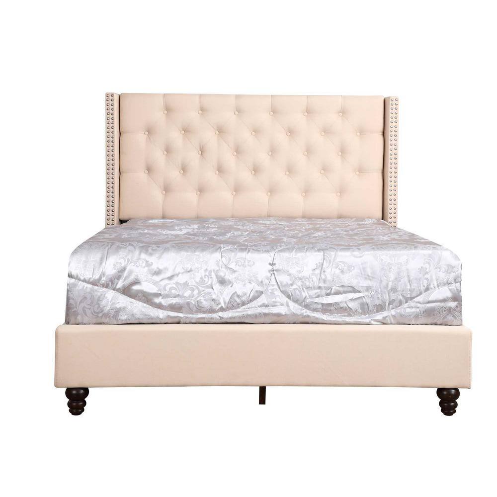 Julie Beige Velvet Tufted Full Panel Bed with Nailhead Trim