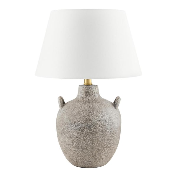 Ripken 19.25 in. Natural Bisque Textural Artisan 1-Light Ceramic Table Lamp with White Fabric Bell Shade