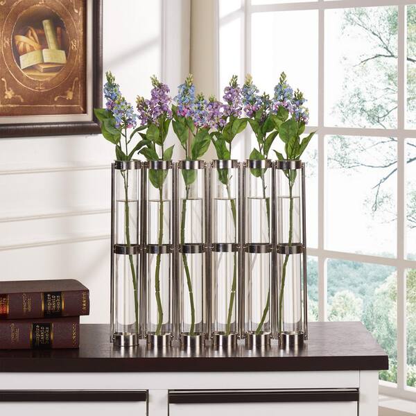 DANYA B 16 in. H x 2.5 in. D Iron and Glass Decorative Tube Hinged Vases on Rings Stands - Silver