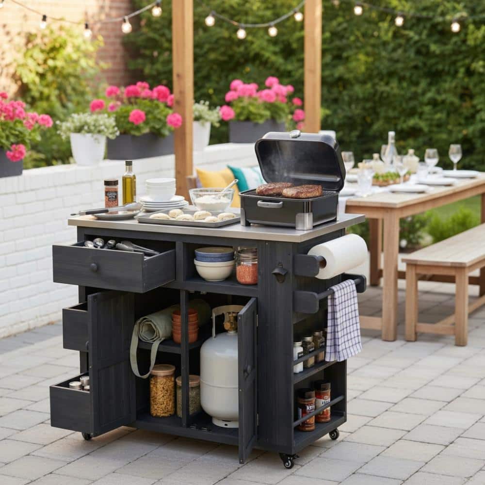 Black Outdoor Solid Wood Extendable Kitchen Cart with Steel Top