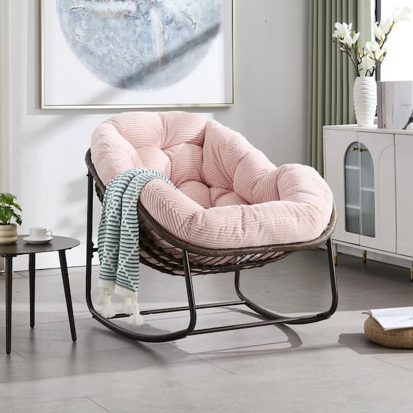 Rattan Metal Outdoor Rocking Chair with Pink Padded Cushion Lounge Chair for Front Porch, Living Room, Patio, Garden