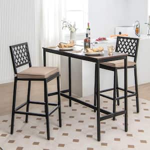 27 in. Black + Beige Metal Bar Stools Outdoor Bar Height Dining Chairs with Cushion Set of 2