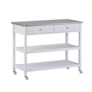 White Open Kitchen Cart with Stainless Steel Top and 2 Drawers