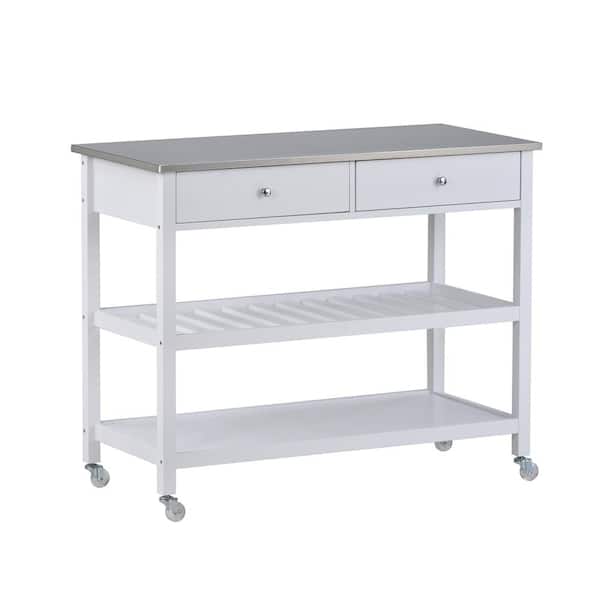 Tatahance White Open Kitchen Cart with Stainless Steel Top and 2 Drawers