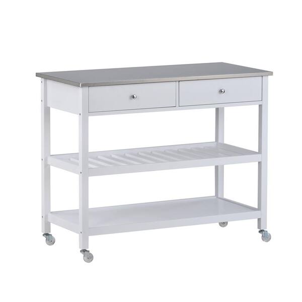 Tatahance White Open Kitchen Cart with Stainless Steel Top and 2 Drawers