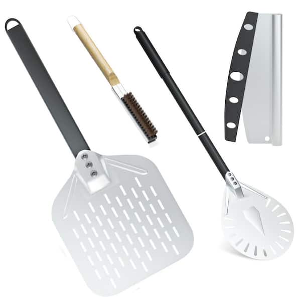 4PCS Pizza Oven Accessories Kit Perforated Pizza Peel Round Turning Peel Pizza Stone Brush Rocker Cutter