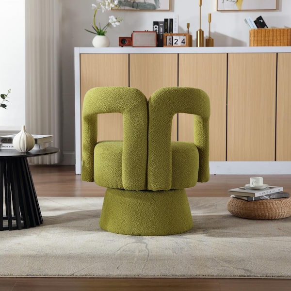 Olive Green Boucle 360° Swivel Accent Chairs, Round Armchairs with Wide Upholstered for Living Room