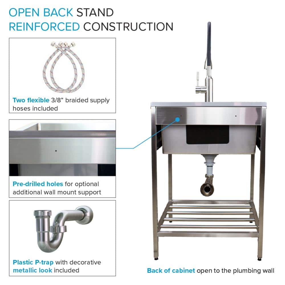 Brushed Satin Stainless Steel Farmhouse Laundry Sink with Wash Stand