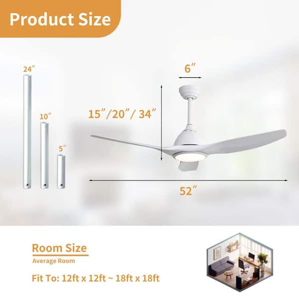 52 in. Integrated LED Indoor Downrod Mount White Windmill Ceiling Fan with Dimmable Light and Remote 6-Speed