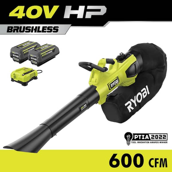 RYOBI 40V HP Brushless 100 MPH 600 CFM Cordless Leaf Blower/Mulcher/Vacuum with (2) 4.0 Ah Batteries and Charger