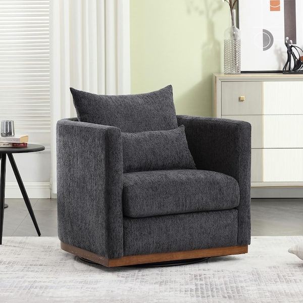 Carbon Black Chenille Polyester Swivel Barrel Chair Comfy Round Accent Sofa Arm Chair for Living Room