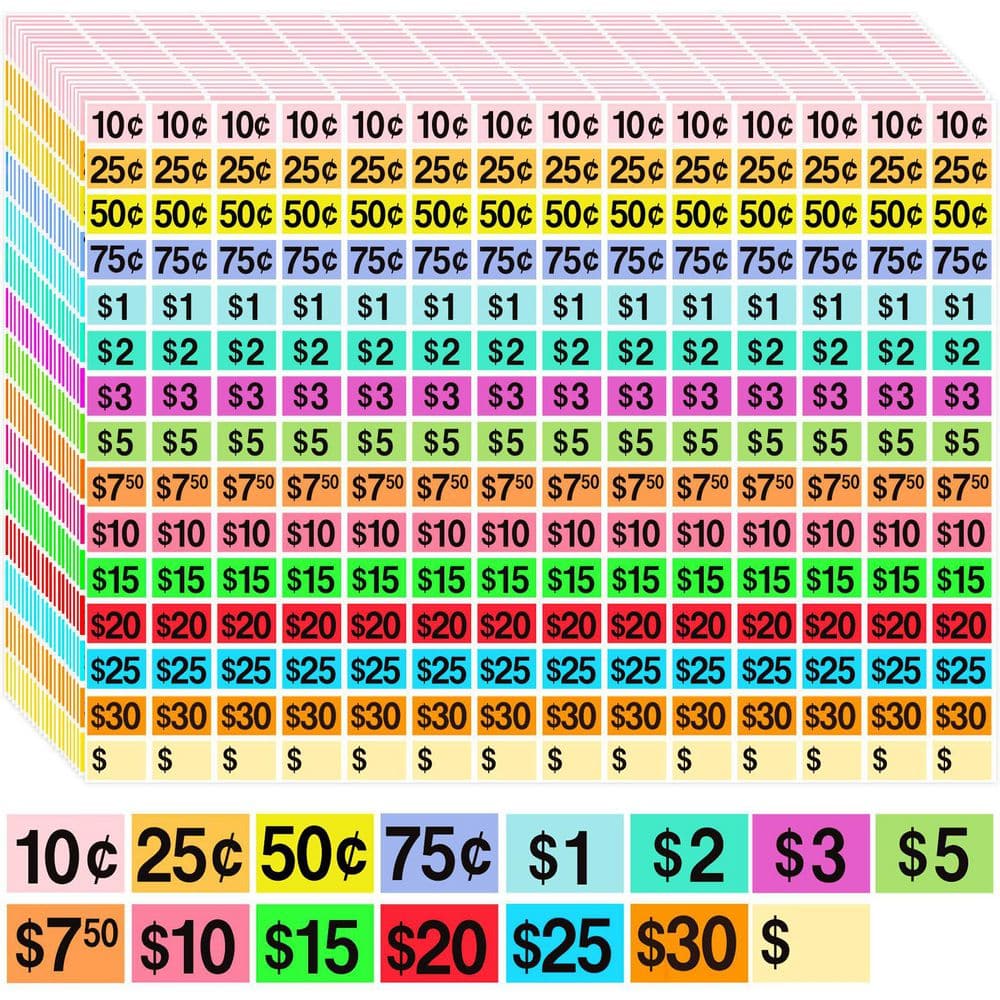 5460-Pieces Rectangle Paper Preprinted Price Labels Yard Sale Stickers Multi-Color Garage Sale Price Tags Pack