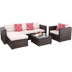 6-Piece Wicker Outdoor Sectional Set with Beige Cushion