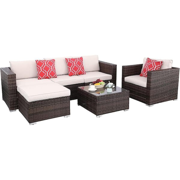 VIWAT 6-Piece Wicker Outdoor Sectional Set with Beige Cushion 