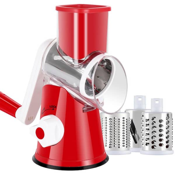 3-in-1 Rotary Cheese Grater with Suction Cup Base Detachable Blades BPA-Free Design for Nuts, Carrot, Hashbrown, Red