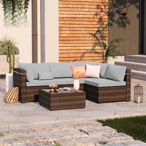 5-Piece Brown Wicker Patio Conversation Set Outdoor Sectional Sofa Set with Coffee Table and Light Gray Cushions