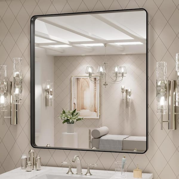 TOOLKISS 32 in. W x 36 in. H Rectangular Aluminum Framed Wall Bathroom Vanity Mirror in Black