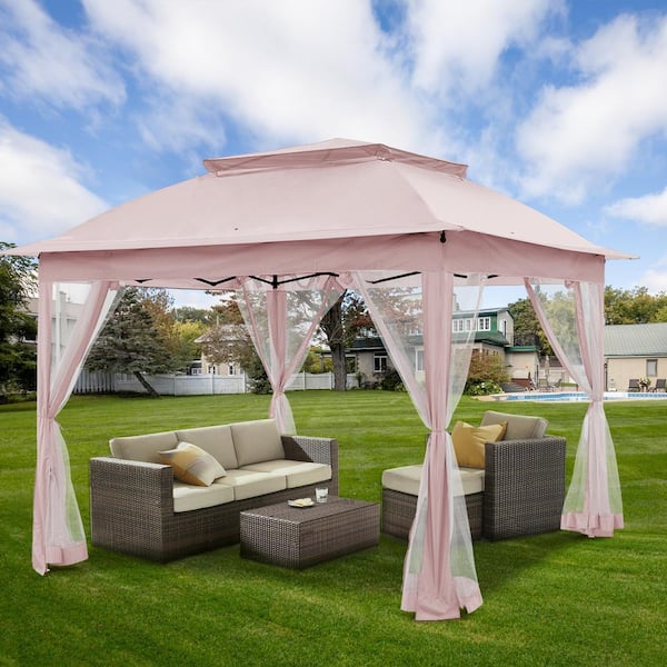 COOS BAY 11 ft. x 11 ft. Pink Steel Pop-Up Gazebo with Mosquito Netting