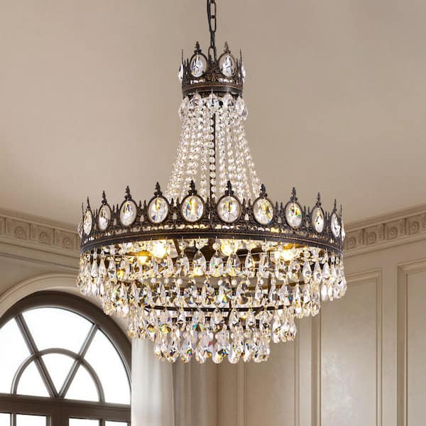 23.6 in. Black 9-Light Crystal Rustic Chandelier with Remote Control for Kitchen Island Living Room (Bulbs Not Included)