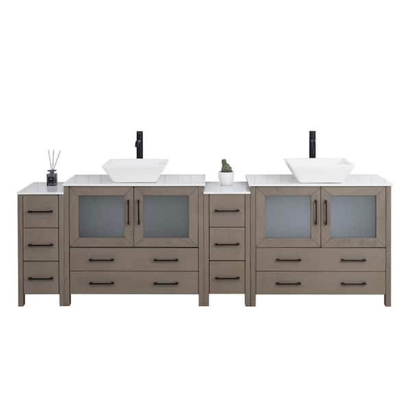 Vanity Art 96 in. W Double Basin Driftwood Gray Bath Vanity with White Engineered Marble Top and Mirror