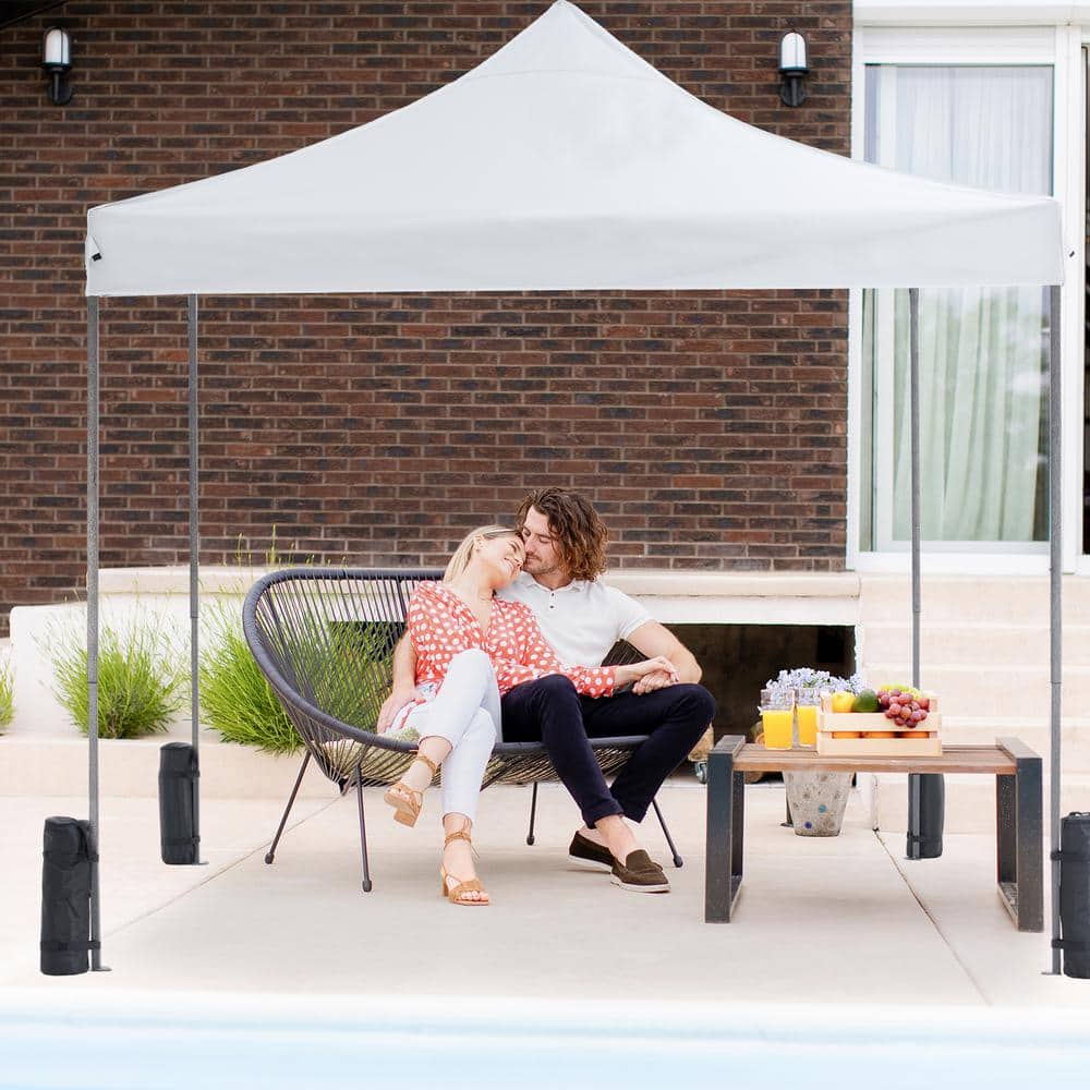 10x10 White Pop-Up Canopy Tent with Black Frame and Carrying Bag