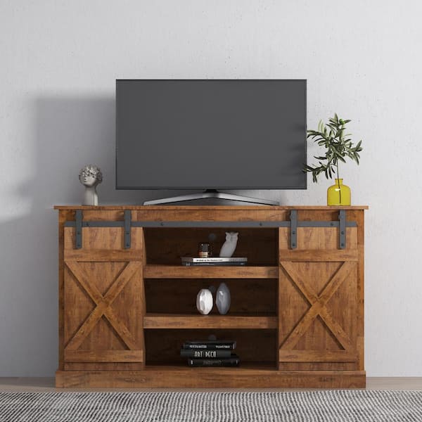 Seafuloy 53.94 in.Width Wood Farmhouse Sliding Barn Door Storage TV Stand for TV up to 65 Inch in Brown