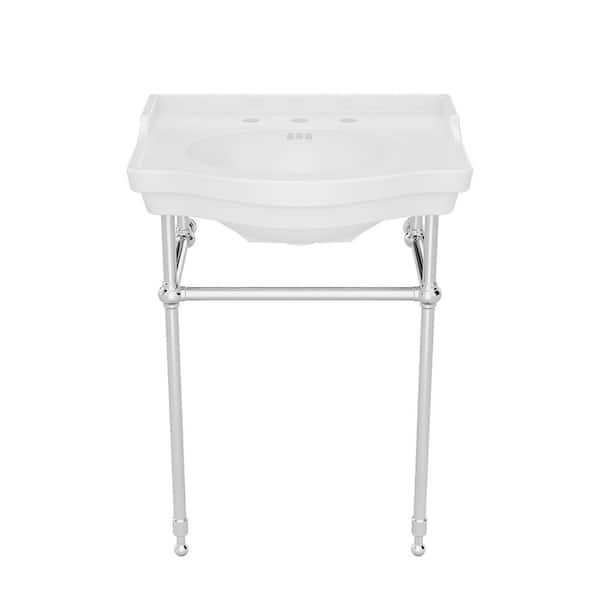 Prism 24.6 in. L x 19 in. W Console Sink Basin in White Vitreous China Polished Stainless Steel, 8 in. Faucet Drilling