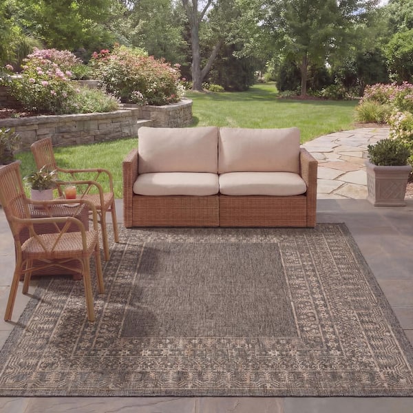 Courtyard Black/Natural 8 ft. x 11 ft. Border Ornate Indoor/Outdoor Area Rug