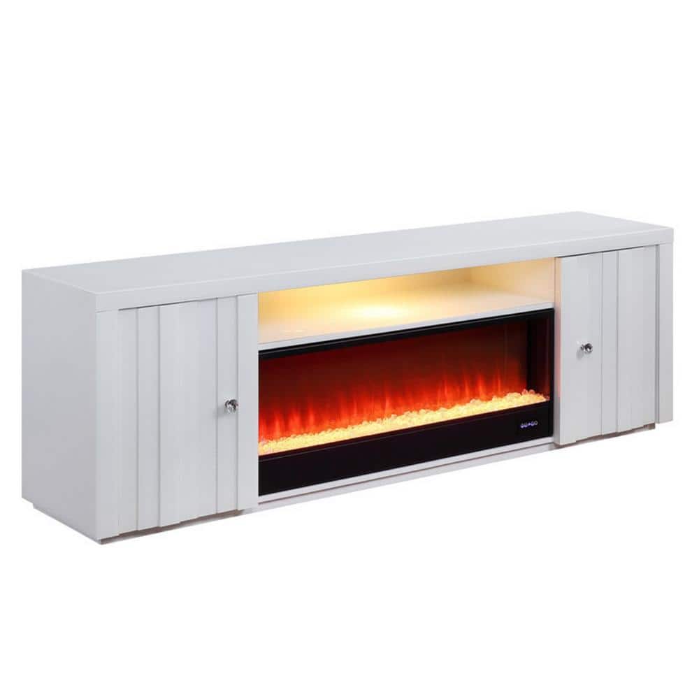 White Solid Wood TV Stand with Electric Fireplace and Cabinets
