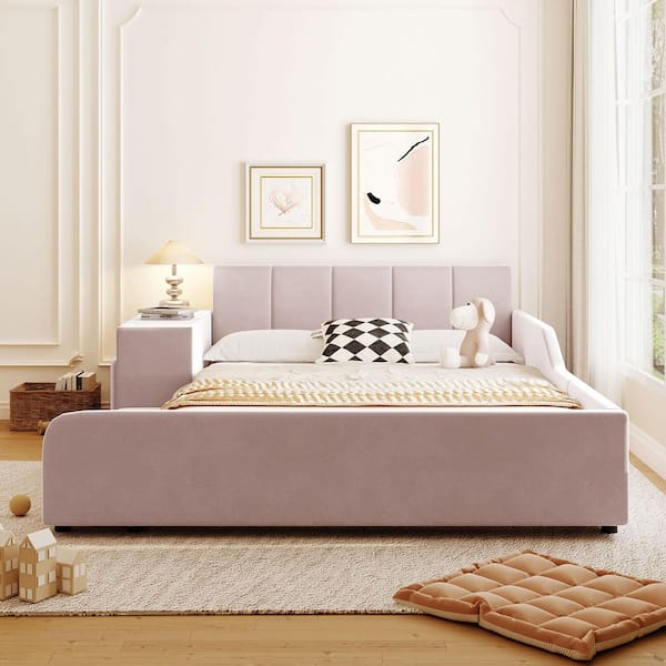 Pink Wood Frame Full Upholstered Platform Bed with Bedside Desk and Little Round Stool