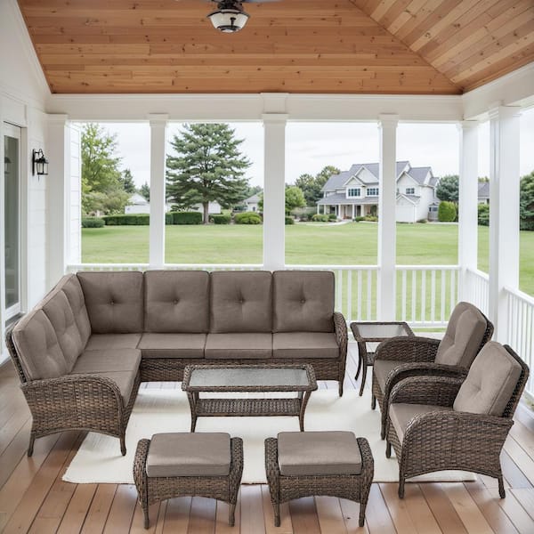 Gymojoy Carlos 8-Piece All-Weather Brown Wicker Patio Conversation Set with Gray Cushions and Coffee Table