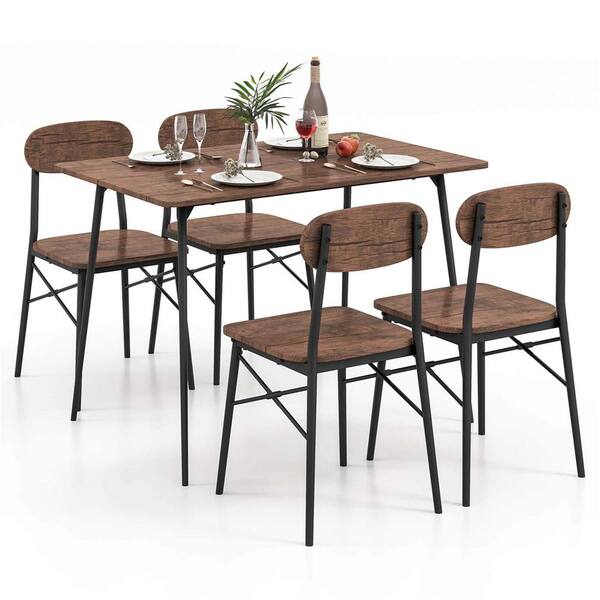 5-Piece Modern Rectangle Rustic Brown Wood Top Dining Room Set Seats 4