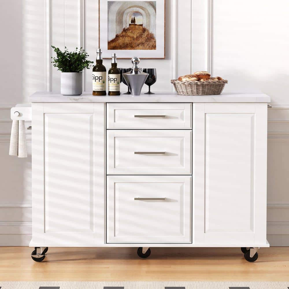 FAMYYT White Faux Marble Textured Wood Drop Leaf Top 51 in. Kitchen ...