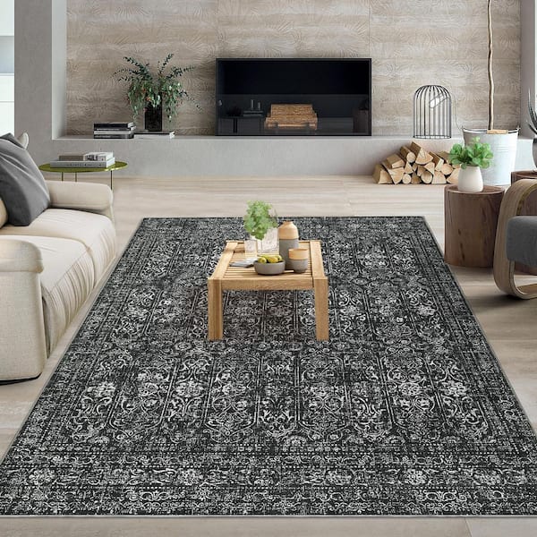 Black 9 ft. x 12 ft. Vintage Floral Carpet Short Pile Neutral Soft Rug Non-Slip for Bedroom Living Room