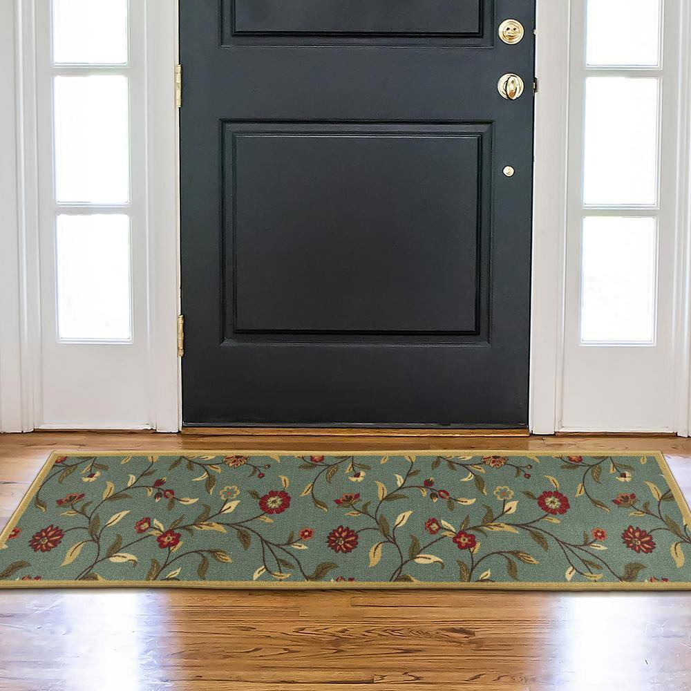 Seafoam Green Floral Non-Slip Runner Rug with Rubber Backing