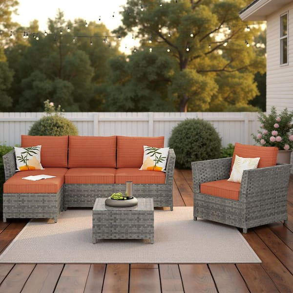 XIZZI Bella Gray 6-Piece Wicker Outdoor Sectional Set with Orange Red Cushions