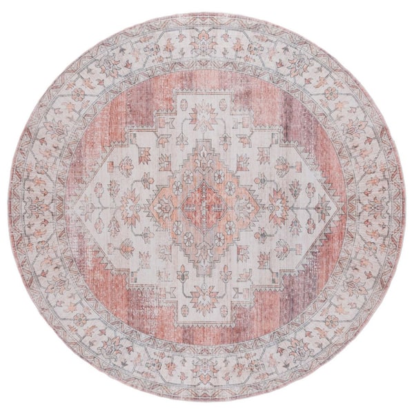 SAFAVIEH Arizona 6 ft. x 6 ft. Rust/Light Brown Machine Washable Floral Medallion Round Area Rug
