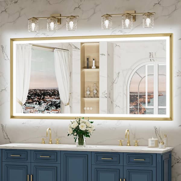 KeonJinn 72 in. W x 36 in. H Rectangular Framed LED Lighted Bathroom Vanity Mirror with Light in Gold with Backlit and Anti-Fog