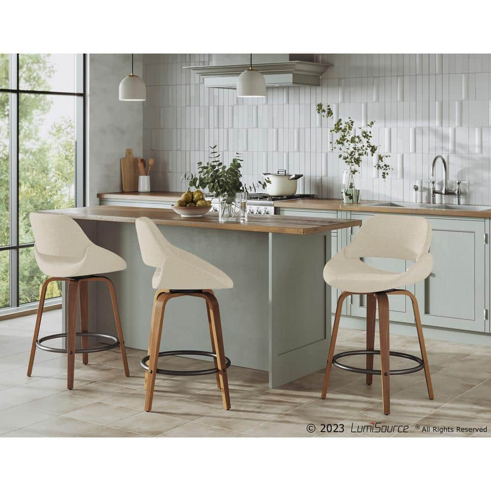 Walnut & Cream Swivel Mid-Century Modern Counter Stool, Set of 2