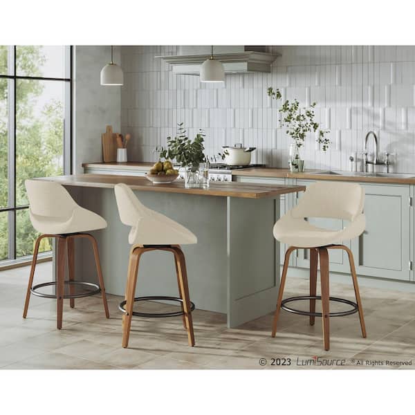 Fabrico 26 in. Walnut and Cream Fabric Counter Stool with Black Footrest (Set of 2)