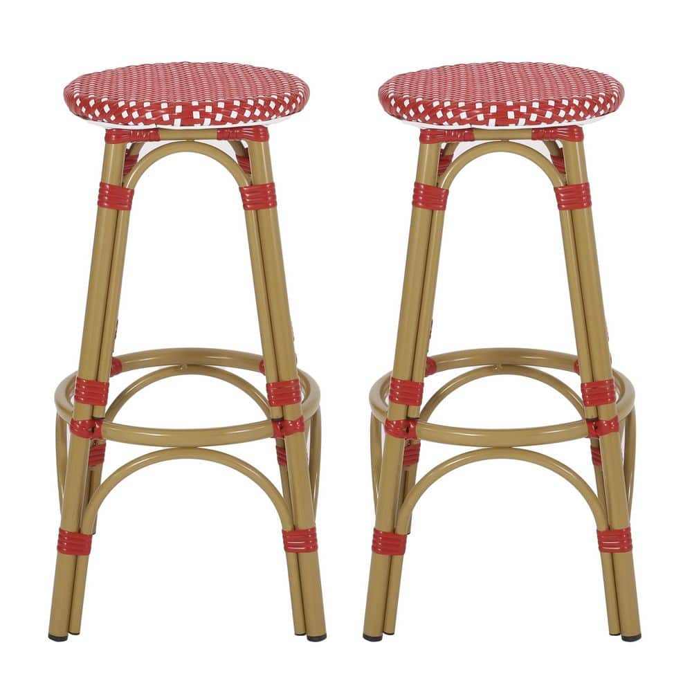 Starla French-Inspired Red and White Bamboo-Finish 29.5" Outdoor Barstools