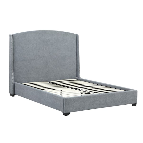Carolina Chair and Table Monterey Gray Wooden Frame Upholstered Queen Platform Bed with Nail Head Trim