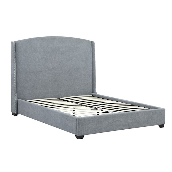 Carolina Chair & Table Monterey Gray Wooden Frame Upholstered Queen Platform Bed with Nail Head Trim